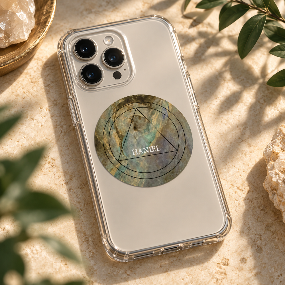 Pastille Haniel installée sur une coque de téléphone transparente