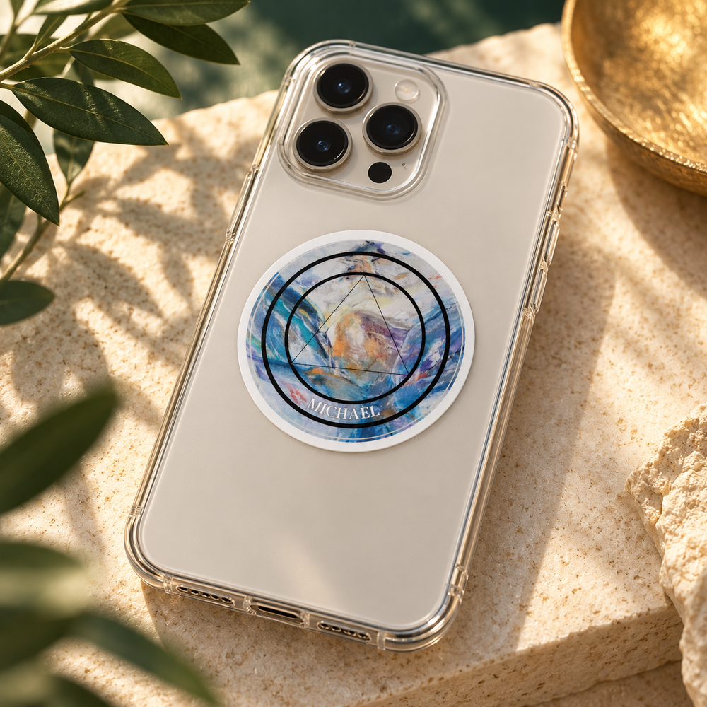 Pastille Michaël installée sur une coque de téléphone transparente