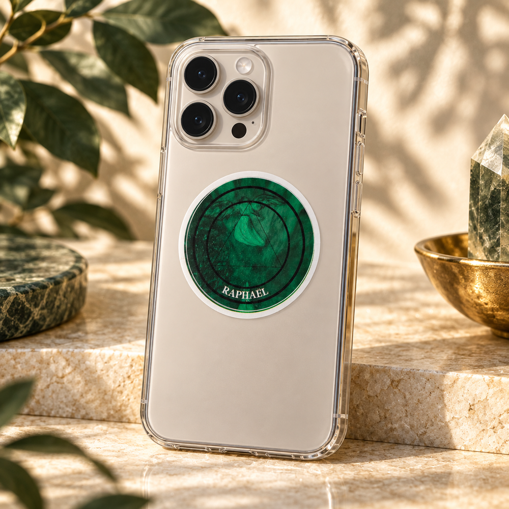 Pastille Raphaël installée sur une coque de téléphone transparente