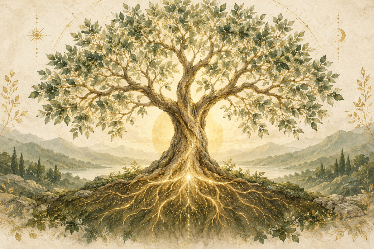 Illustration artistique de l’Arbre de Vie, feuillage sauge et racines dorées
