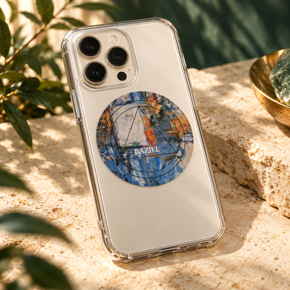 Pastille Raziel installée sur une coque de téléphone transparente