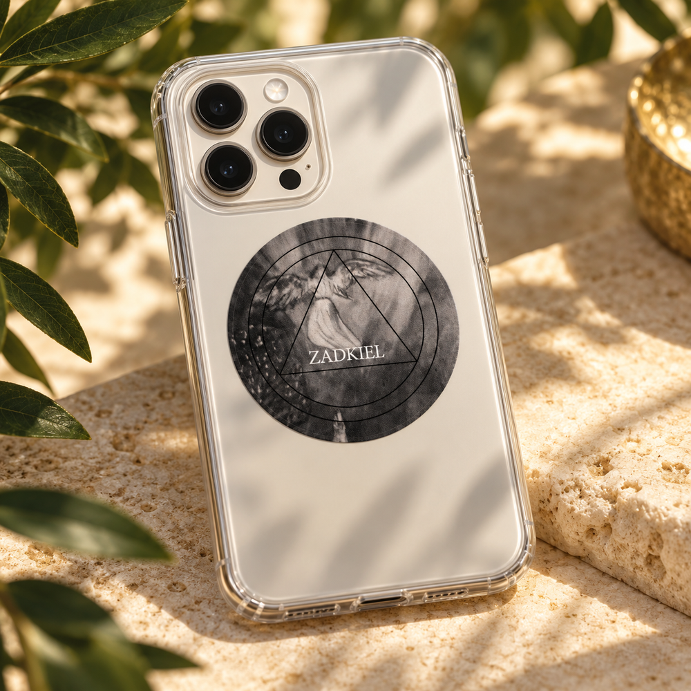 Pastille Zadkiel installée sur une coque de téléphone transparente