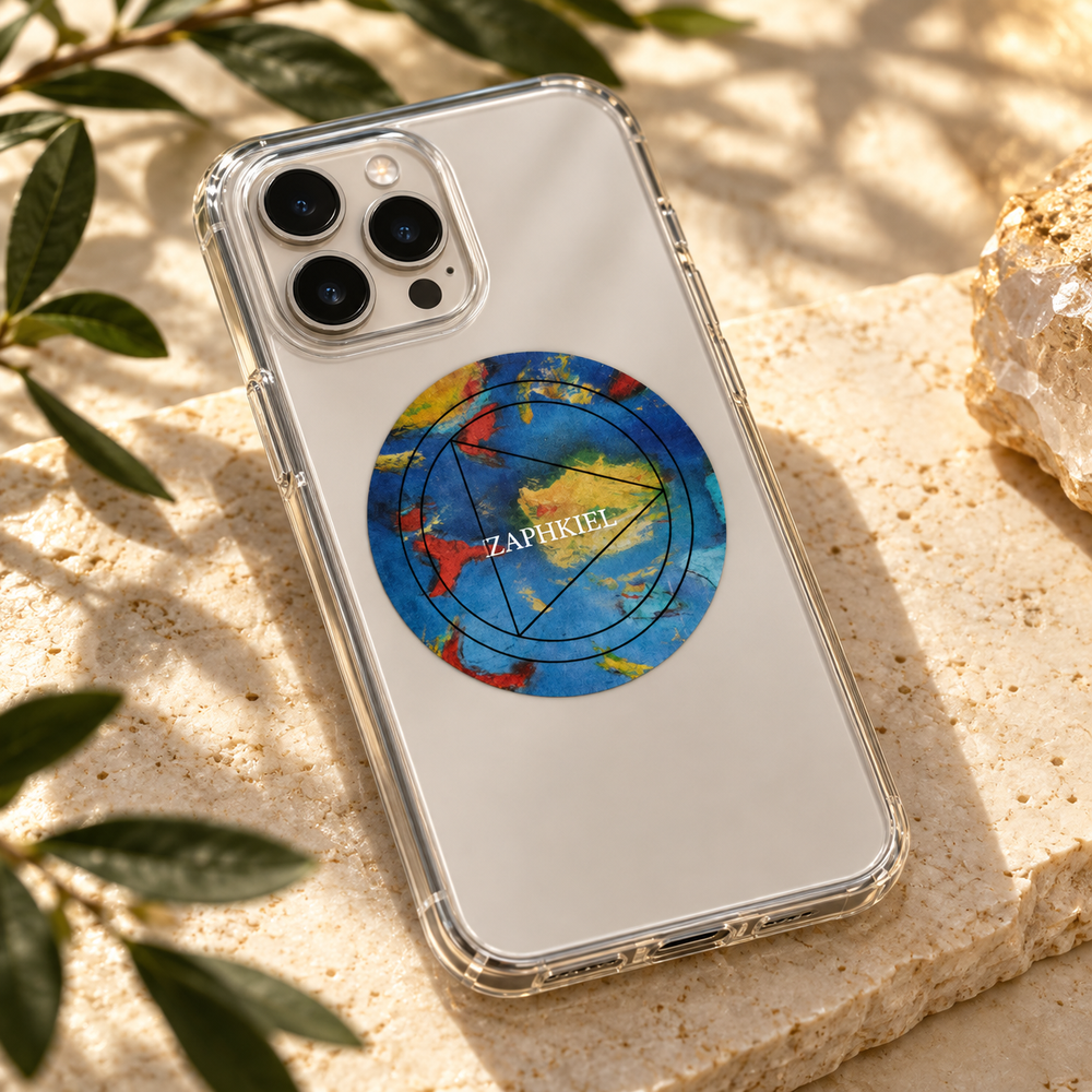 Pastille Zaphkiel installée sur une coque de téléphone transparente
