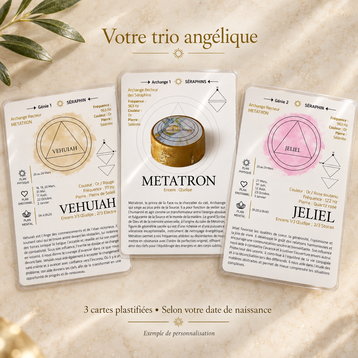 Exemple de personnalisation : trois cartes ensemble avec finition plastifiée — archange et deux anges de naissance